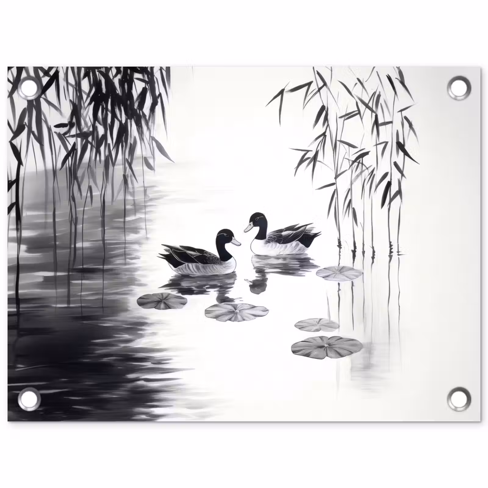 Tuinposter - Eenden - Waterlelies - Riet - Zwart — 1