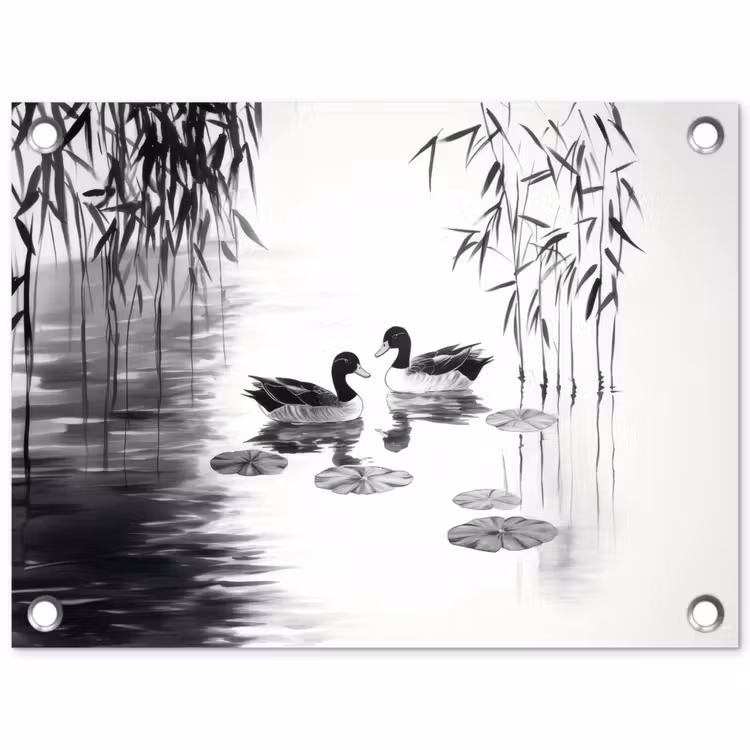Tuinposter - Eenden - Waterlelies - Riet - Zwart — 1