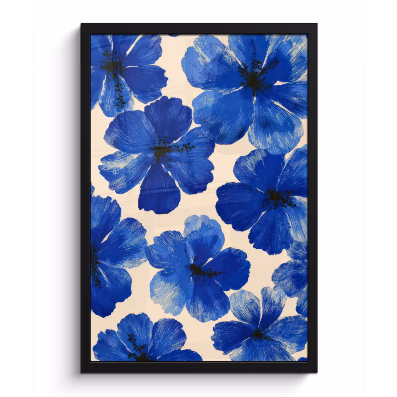 Poster met lijst - Bloemen - Blauw -Patroon - Wit — 1