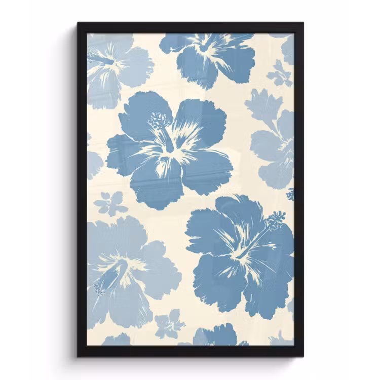 Poster met lijst - Hibiscusbloemen - Blauw - Patroon - Tropisch — 1