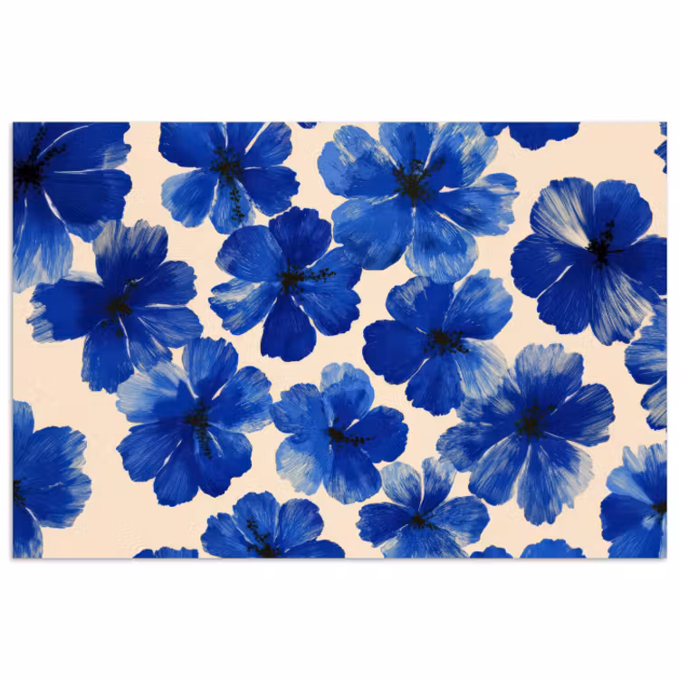 Poster – Bloemen - Blauw -Patroon - Wit — 1