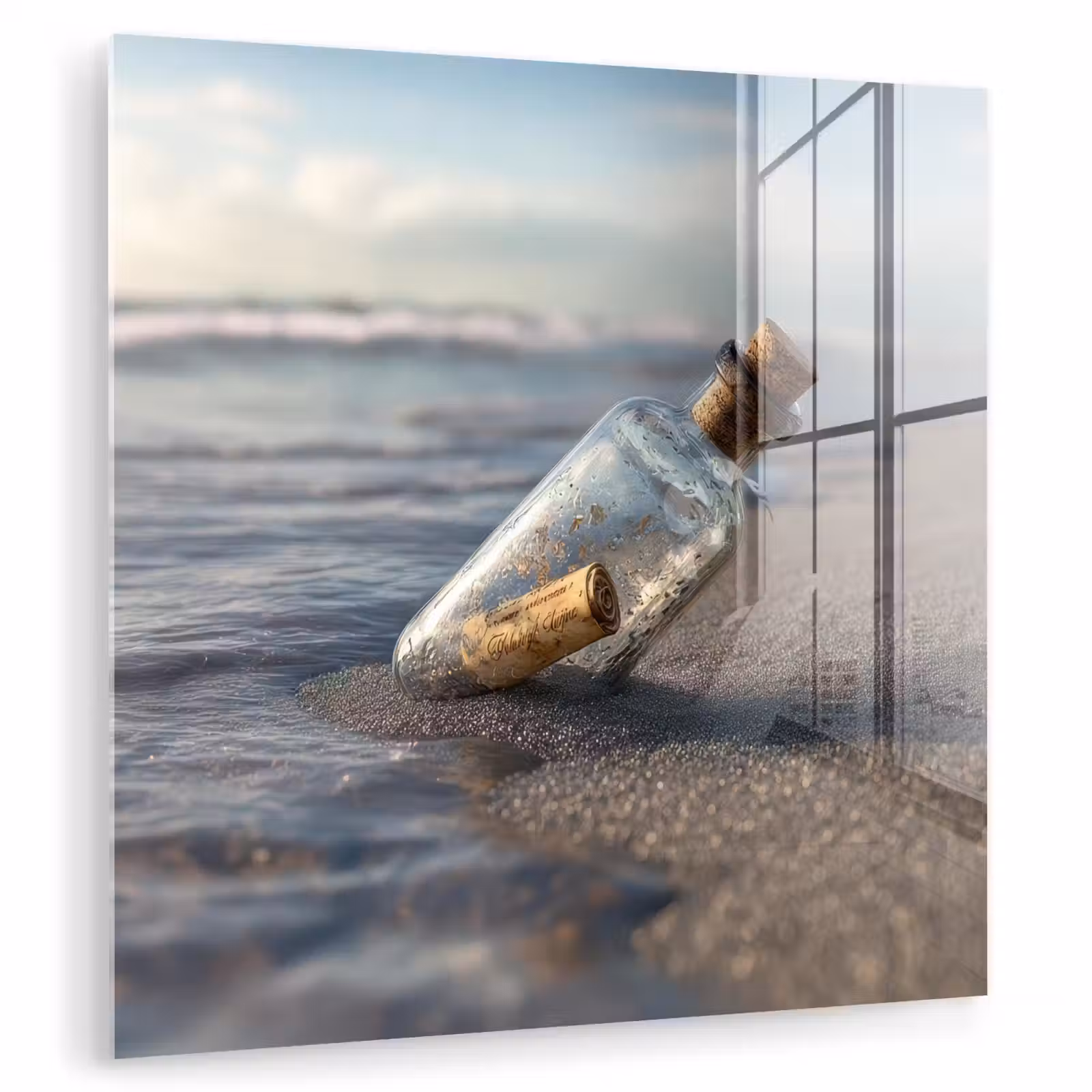 Glas schilderij - Glazenfles - Post - Zee - Zand — 1