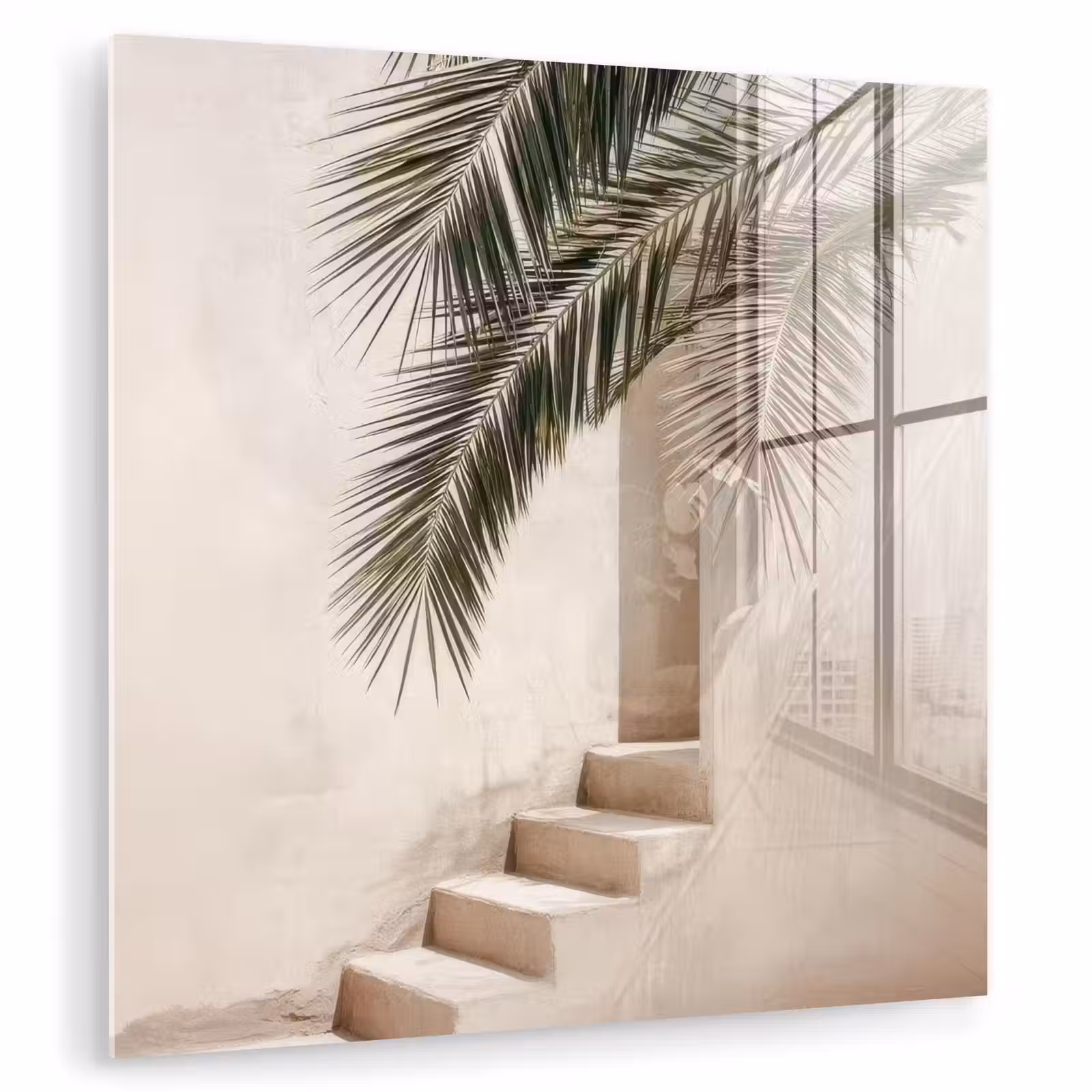 Glas schilderij - Palmboom - Schaduw - Trap - Beige — 1