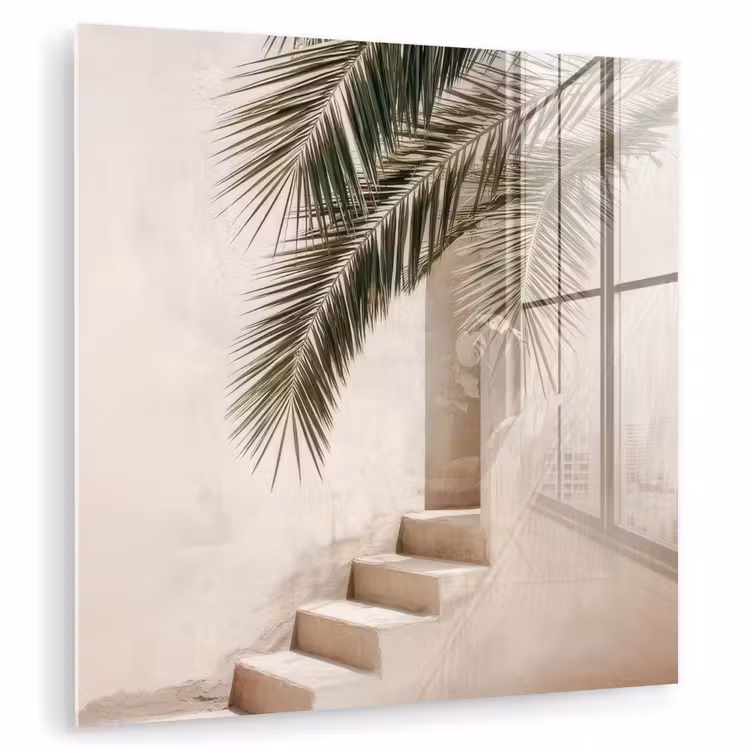 Glas schilderij - Palmboom - Schaduw - Trap - Beige — 1