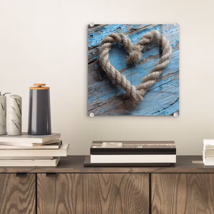 Glas schilderij - Hart - Touw - Hout - Rustiek — 2