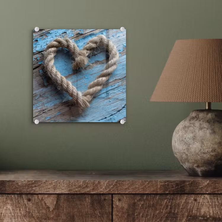 Glas schilderij - Hart - Touw - Hout - Rustiek — 4