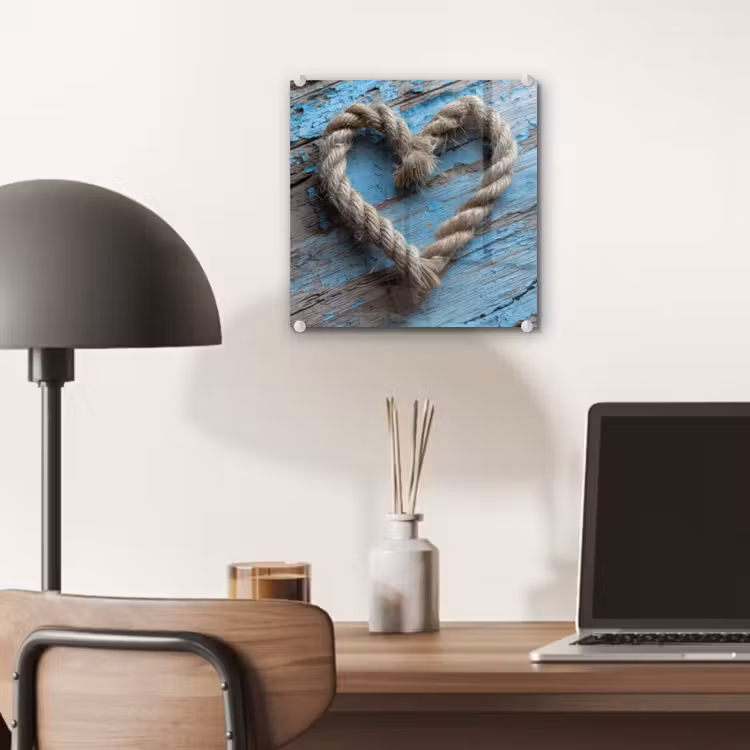 Glas schilderij - Hart - Touw - Hout - Rustiek — 7