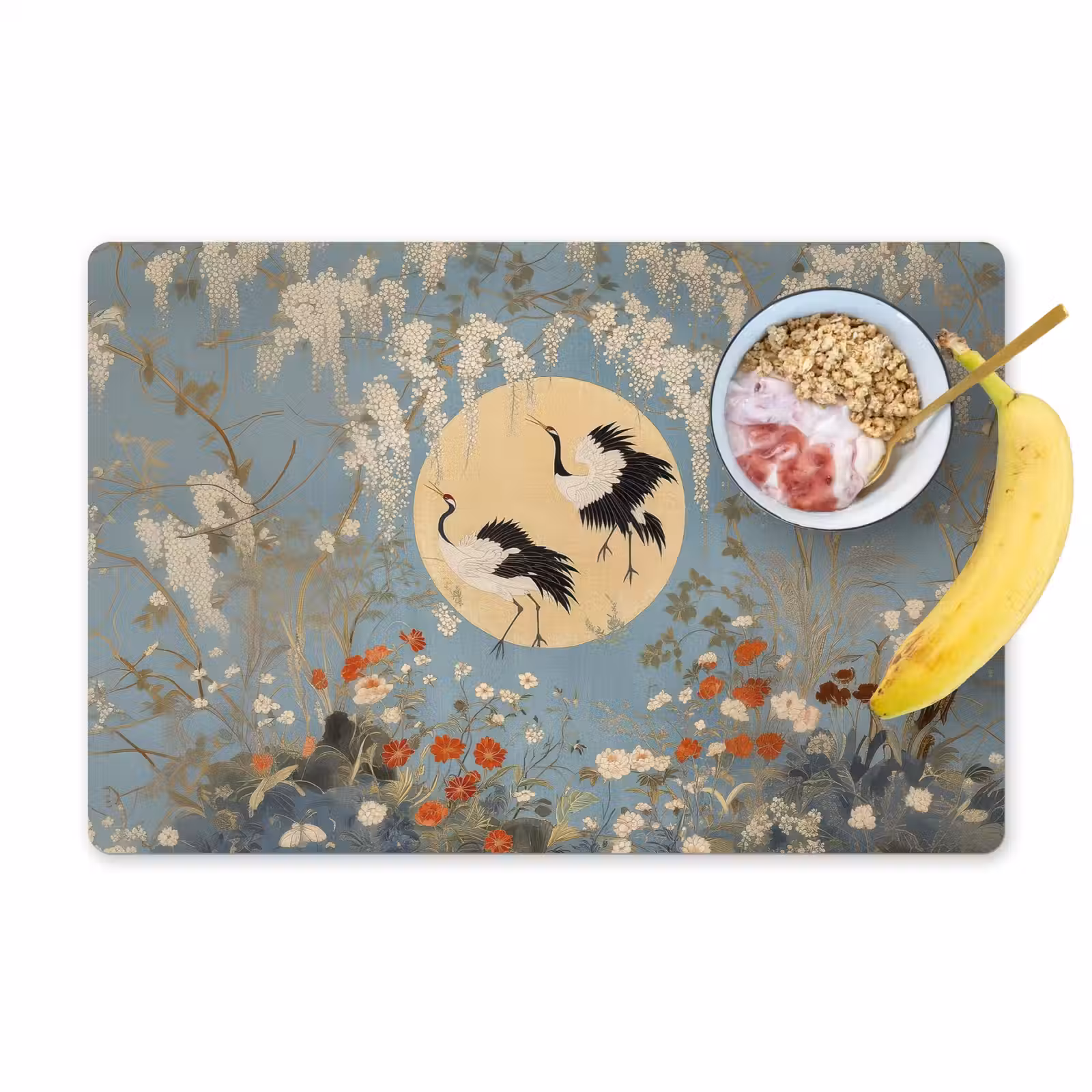 Placemat - 6 stuks - Kraanvogels - Maan - Bloemen - Blauw — 1