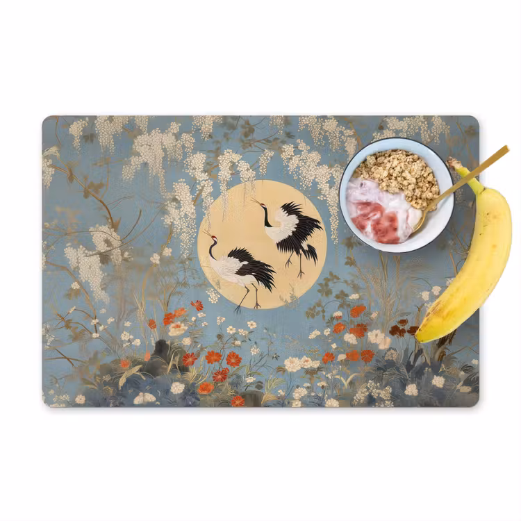 Placemat - 6 stuks - Kraanvogels - Maan - Bloemen - Blauw — 1