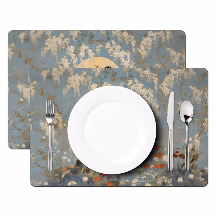 Placemat - 6 stuks - Kraanvogels - Maan - Bloemen - Blauw — 2