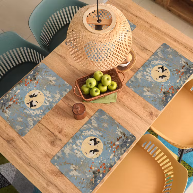 Placemat - 6 stuks - Kraanvogels - Maan - Bloemen - Blauw — 6