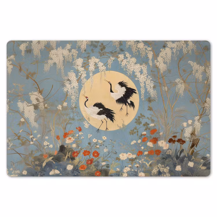 Placemat - 6 stuks - Kraanvogels - Maan - Bloemen - Blauw — 7