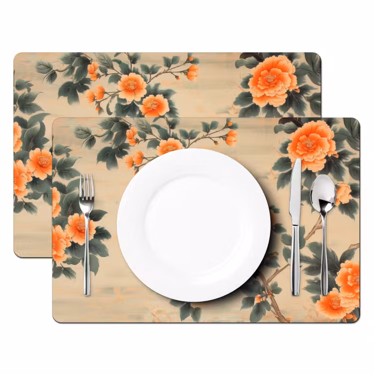 Placemat - 6 stuks - Vogel - Tak - Bloemen - Oranje — 2