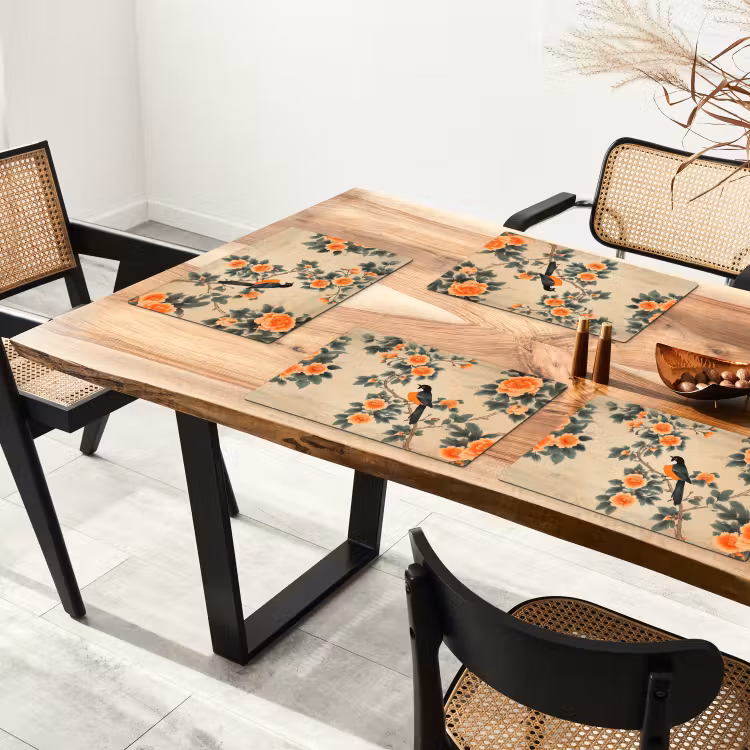 Placemat - 6 stuks - Vogel - Tak - Bloemen - Oranje — 5
