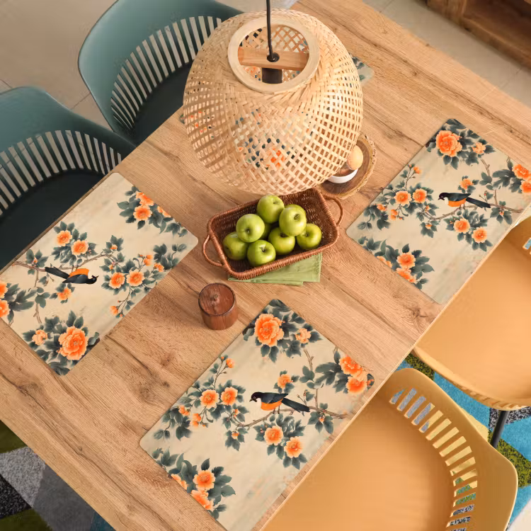 Placemat - 6 stuks - Vogel - Tak - Bloemen - Oranje — 6