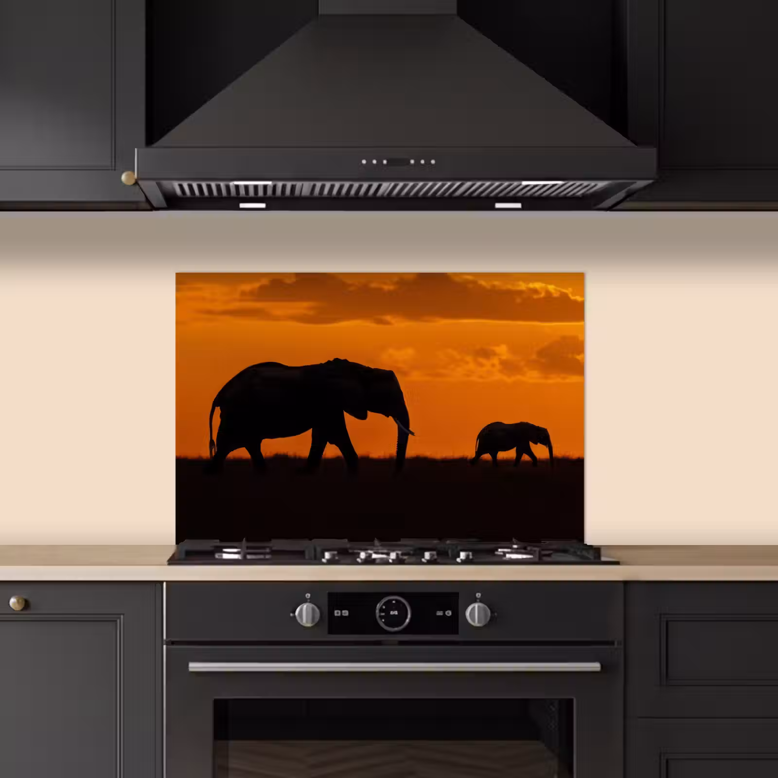 Spatscherm keuken - Olifanten - Savanne - Zonsondergang — 1