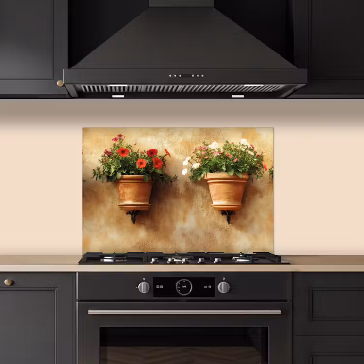 Spatscherm keuken - Bloempotten - Muur - Vintage — 1