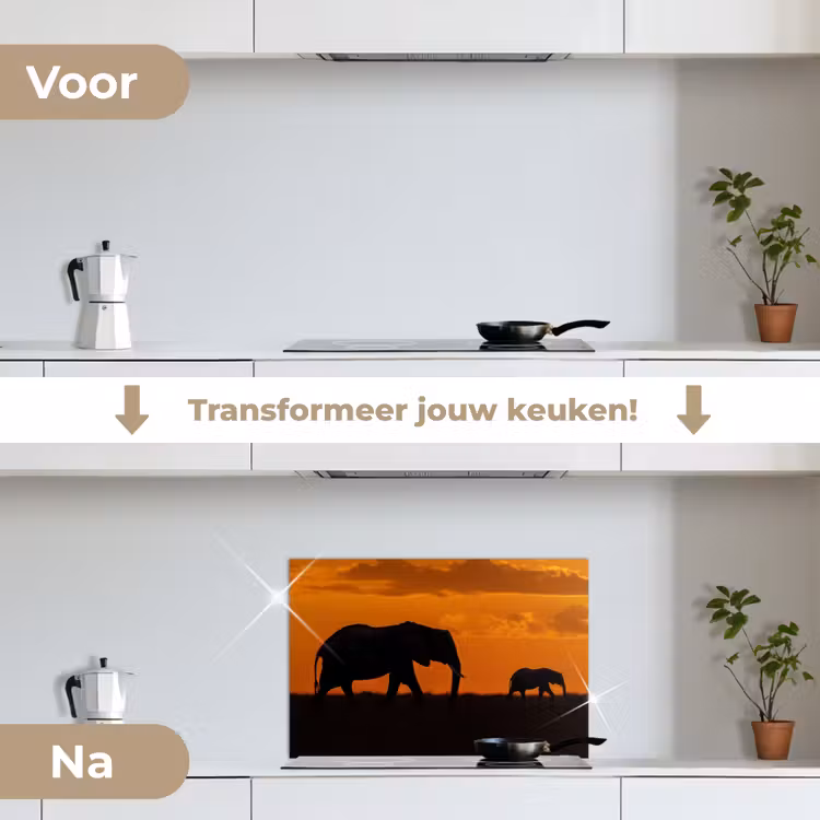 Spatscherm keuken - Olifanten - Savanne - Zonsondergang — 2