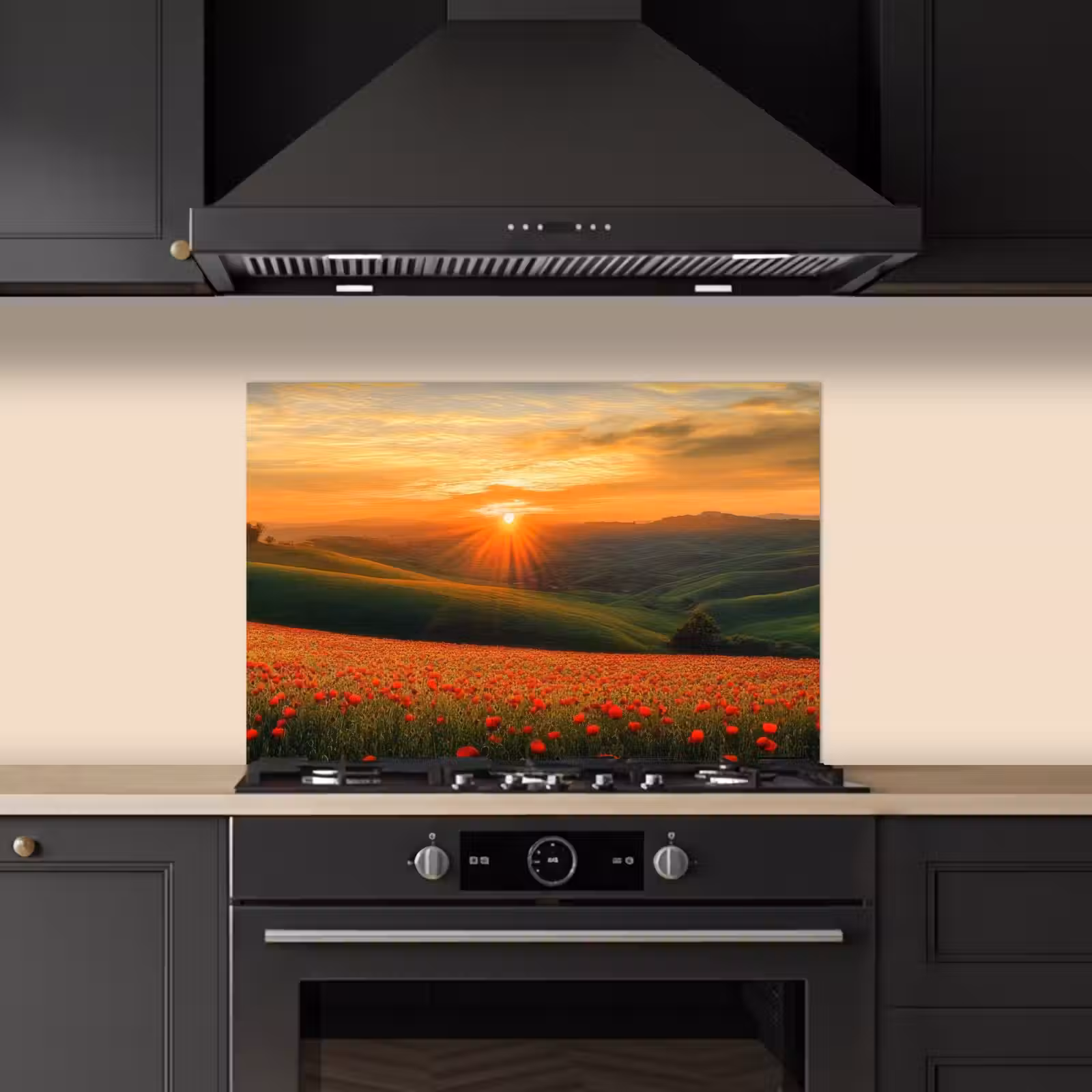 Spatscherm keuken - Klaprozen - Bloemen - Heuvels - Zonsondergang — 1
