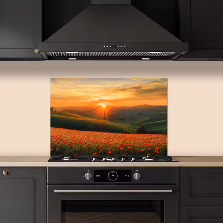 Spatscherm keuken - Klaprozen - Bloemen - Heuvels - Zonsondergang — 1