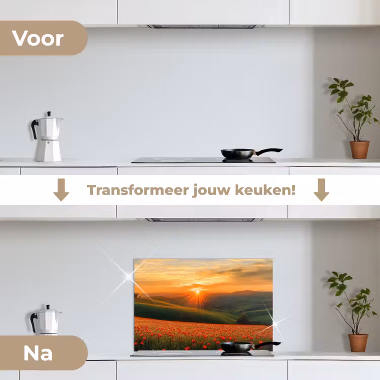 Spatscherm keuken - Klaprozen - Bloemen - Heuvels - Zonsondergang — 2