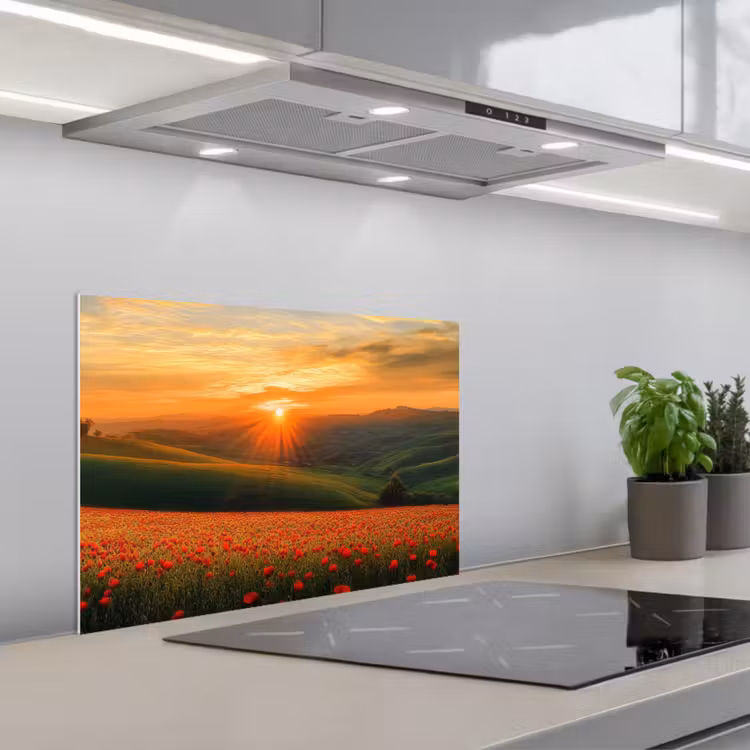 Spatscherm keuken - Klaprozen - Bloemen - Heuvels - Zonsondergang — 4