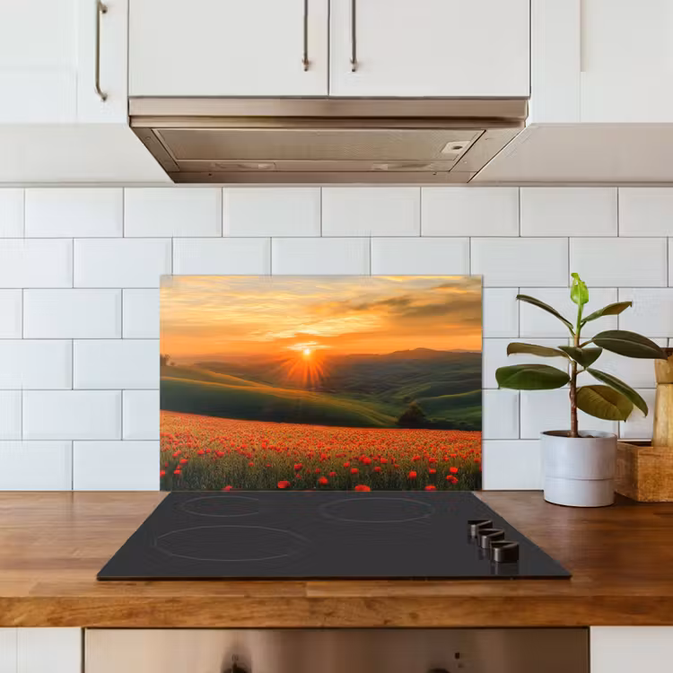 Spatscherm keuken - Klaprozen - Bloemen - Heuvels - Zonsondergang — 5