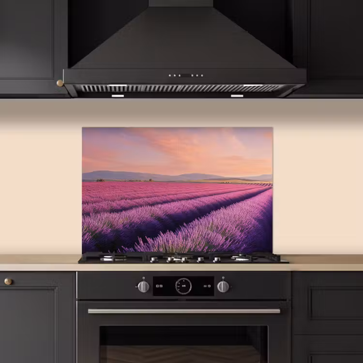Spatscherm keuken - Lavendelveld - Zonsondergang - Paars - Bloemen — 1