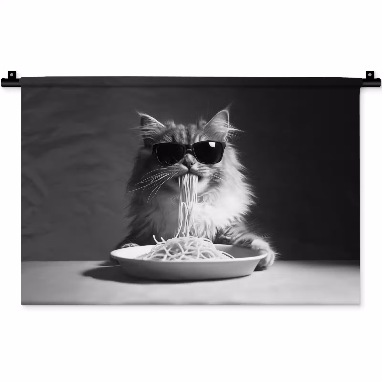 Wandkleed - Langharige kat - Zonnebril - Spaghetti - Humor - Zwart - wit — 1