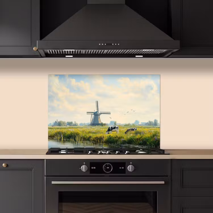 Spatscherm keuken - Koeien - Windmolen - Weide - Blauw — 1