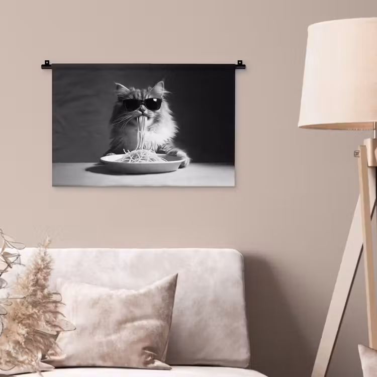 Wandkleed - Langharige kat - Zonnebril - Spaghetti - Humor - Zwart - wit — 2