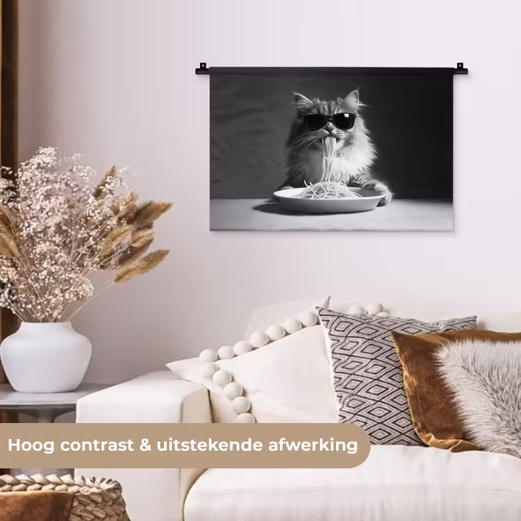 Wandkleed - Langharige kat - Zonnebril - Spaghetti - Humor - Zwart - wit — 4
