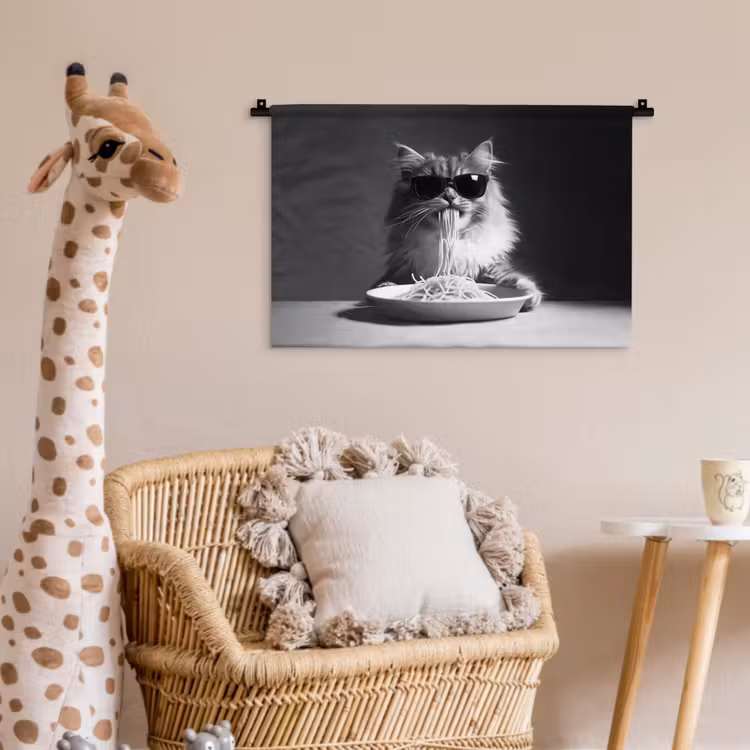 Wandkleed - Langharige kat - Zonnebril - Spaghetti - Humor - Zwart - wit — 5