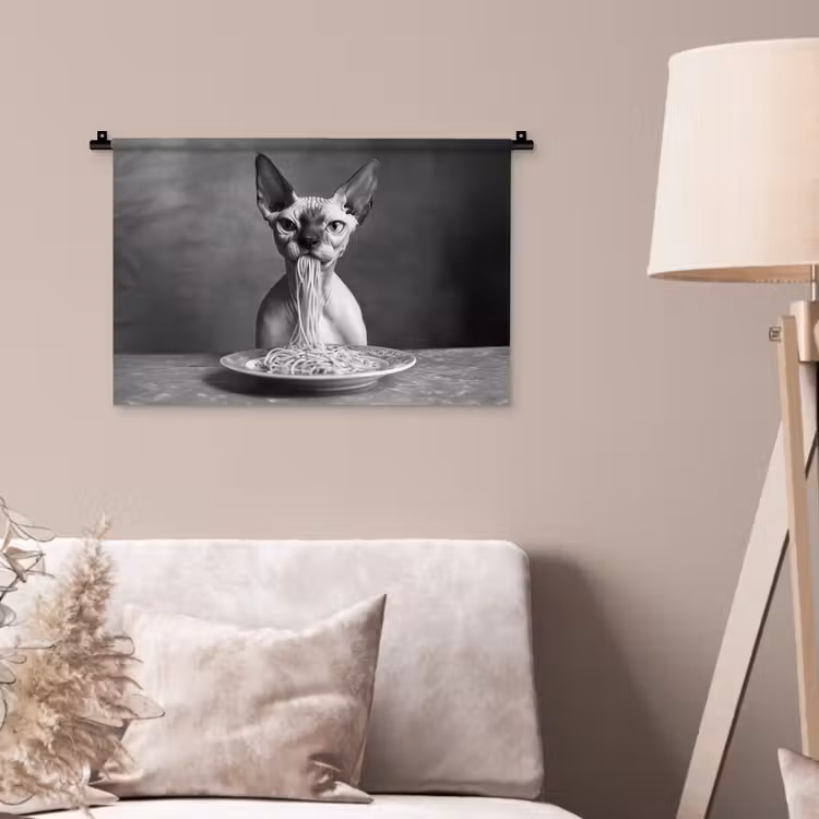 Wandkleed - Sphynx - Kat - Dieren - Humor - Spaghetti - Zwart Wit — 2
