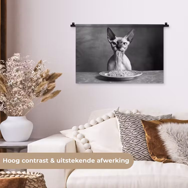 Wandkleed - Sphynx - Kat - Dieren - Humor - Spaghetti - Zwart Wit — 4