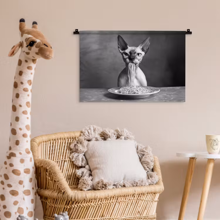 Wandkleed - Sphynx - Kat - Dieren - Humor - Spaghetti - Zwart Wit — 5