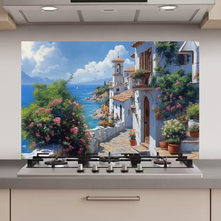 Spatscherm keuken - Huizen - Zee - Bomen - Bloemen — 1