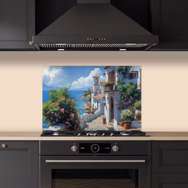 Spatscherm keuken - Huizen - Zee - Bomen - Bloemen — 2