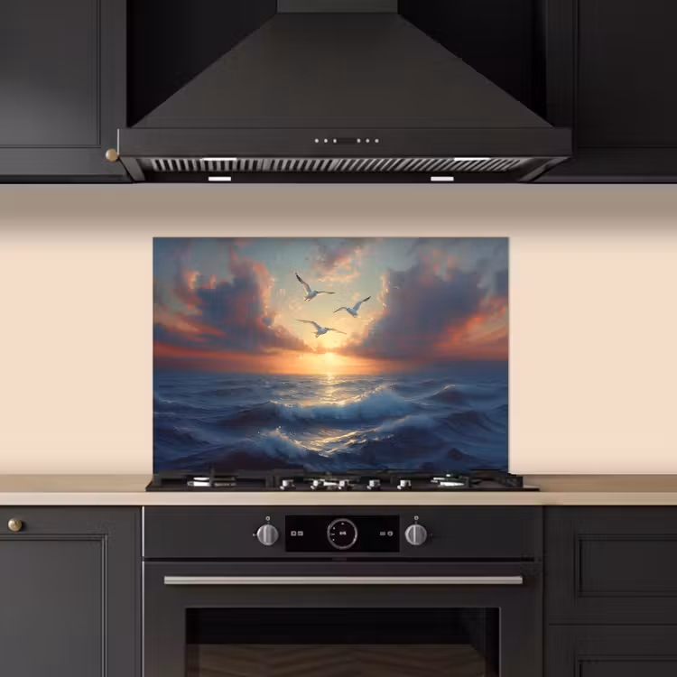 Spatscherm keuken - Meeuwen - Zonsondergang - Zee - Wolken — 2
