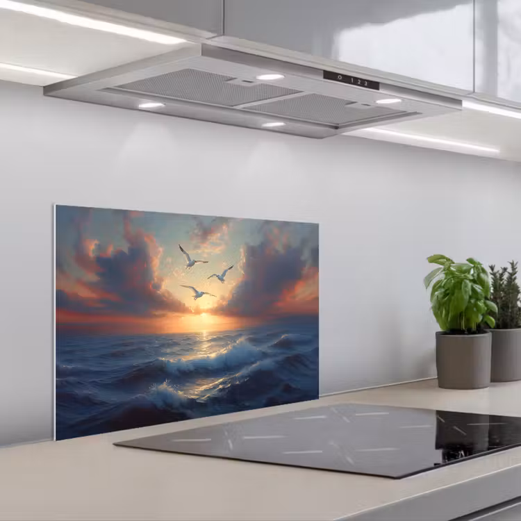Spatscherm keuken - Meeuwen - Zonsondergang - Zee - Wolken — 5