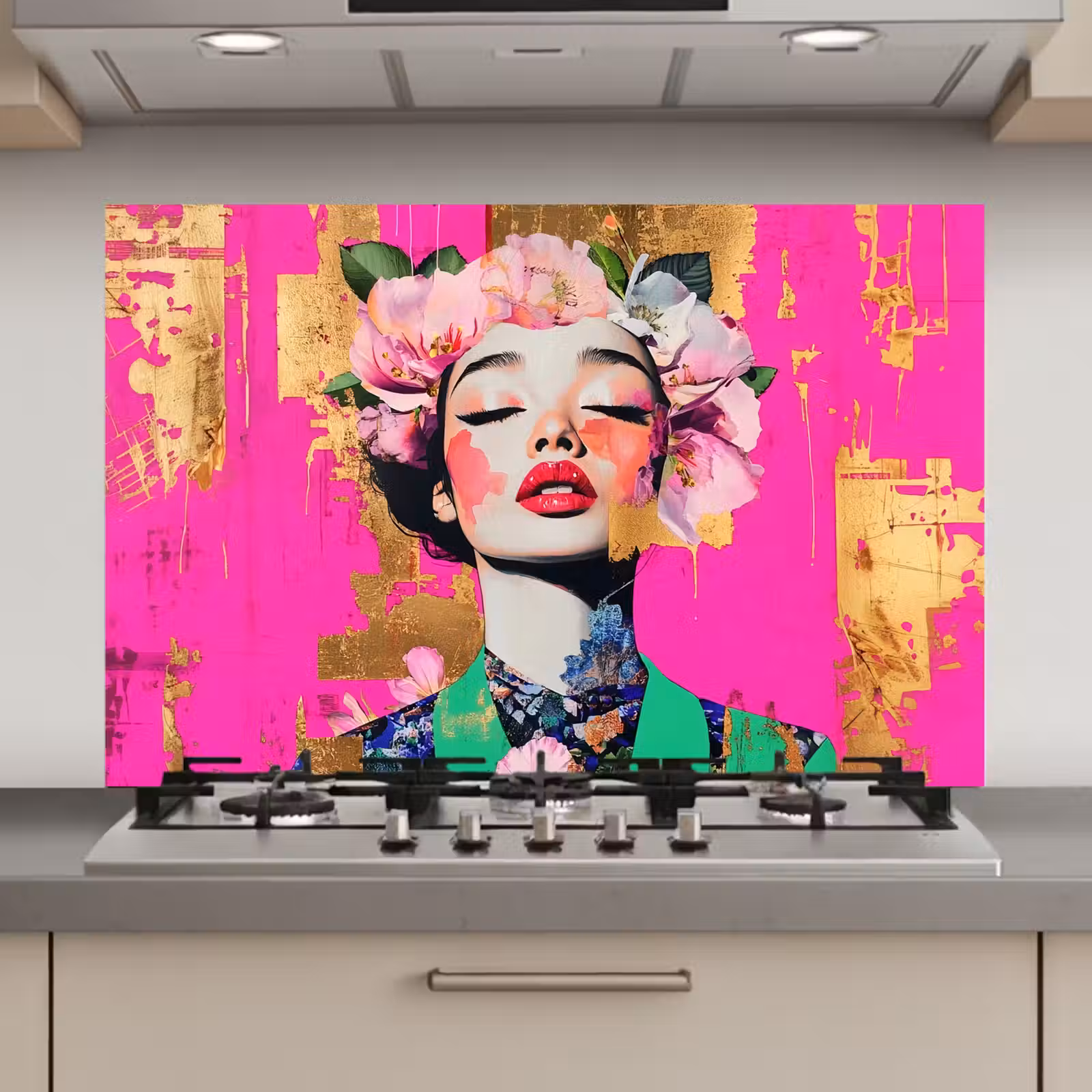 Spatscherm keuken - Bloemenkroon - Goud - Vrouw - Portret — 1