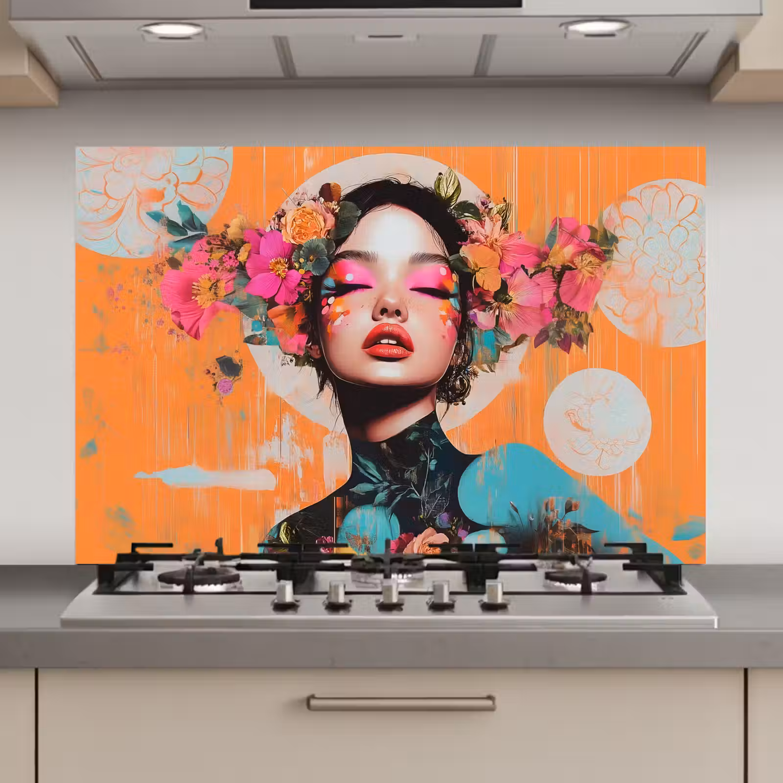 Spatscherm keuken - Portret - Vrouw - Abstract - Bloemen — 1