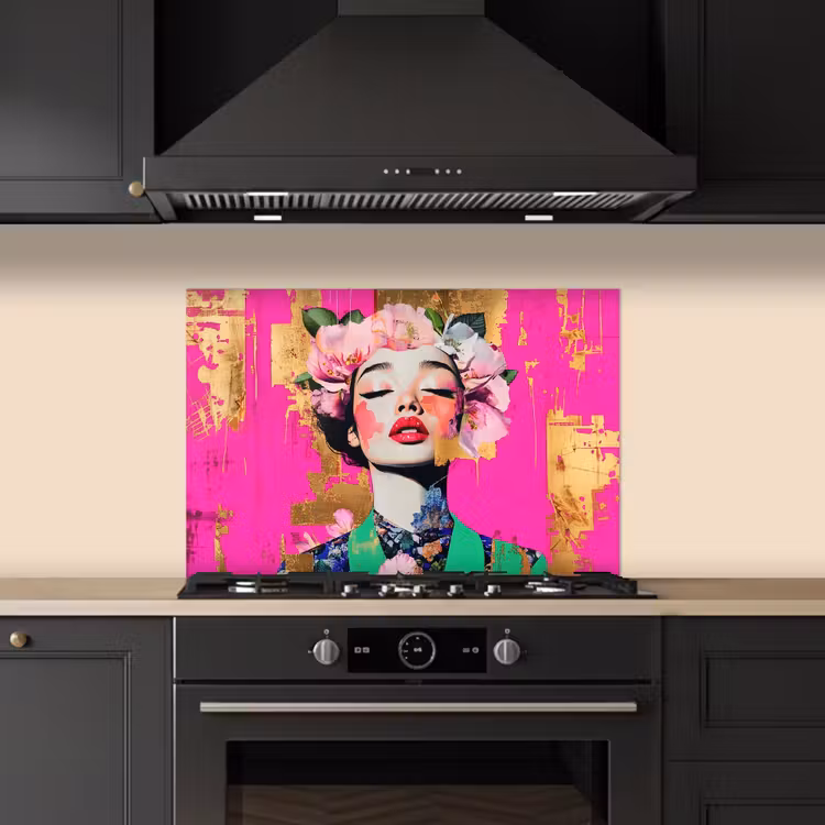 Spatscherm keuken - Bloemenkroon - Goud - Vrouw - Portret — 2