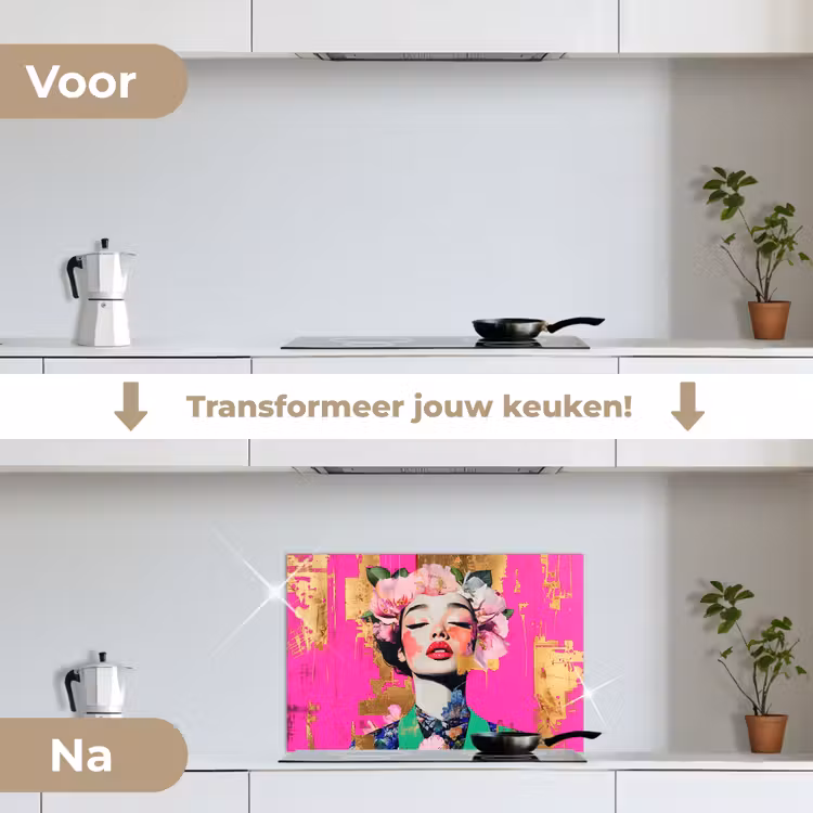 Spatscherm keuken - Bloemenkroon - Goud - Vrouw - Portret — 3