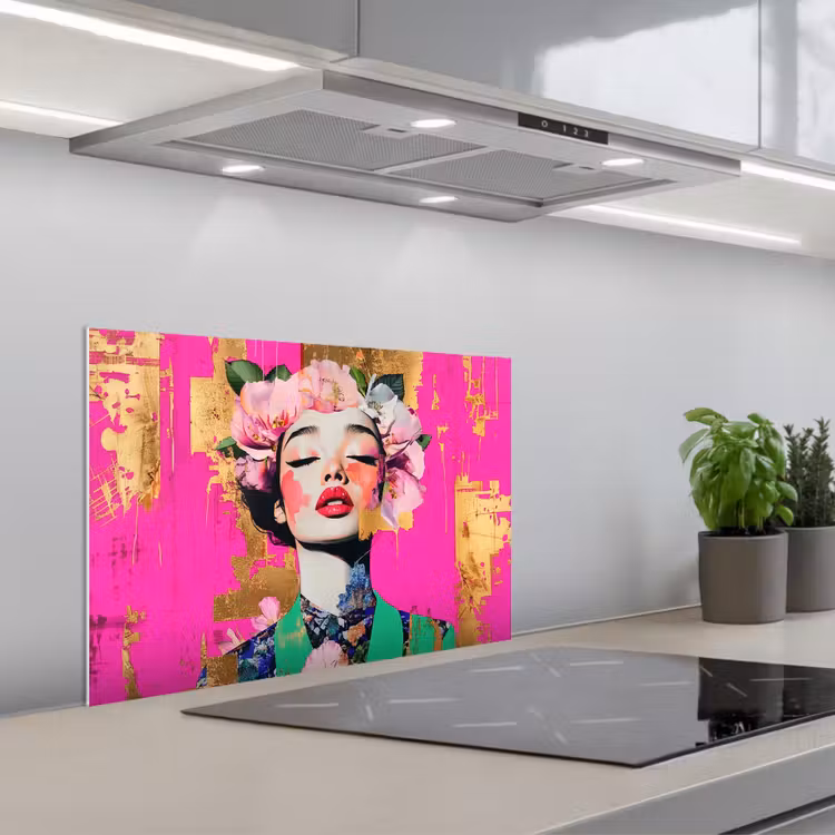 Spatscherm keuken - Bloemenkroon - Goud - Vrouw - Portret — 5