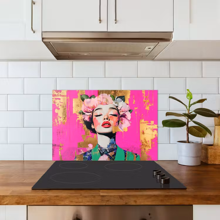 Spatscherm keuken - Bloemenkroon - Goud - Vrouw - Portret — 6