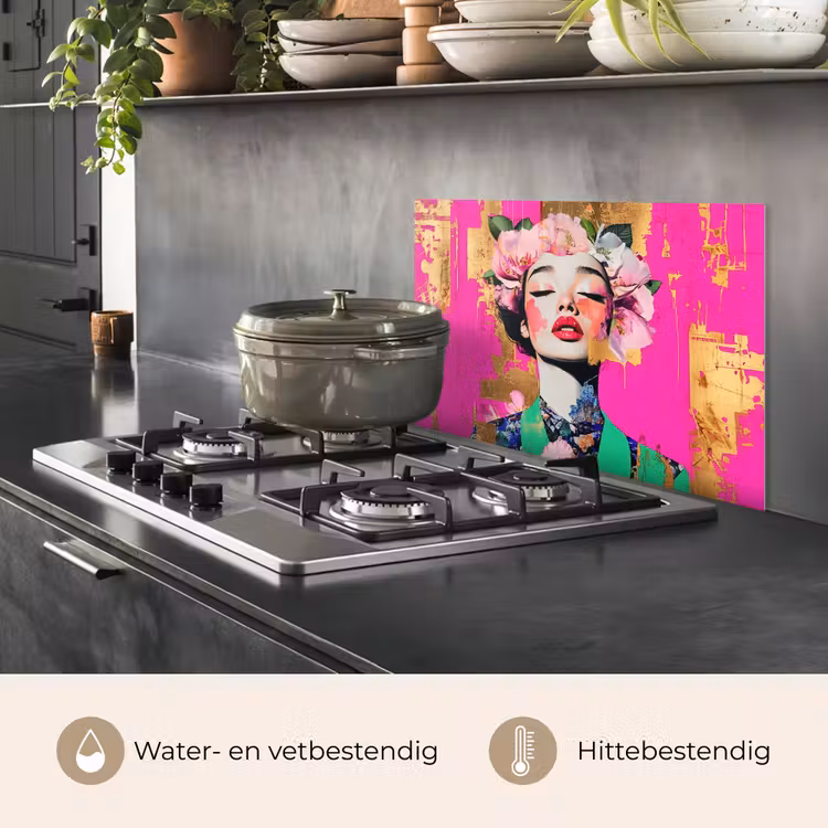 Spatscherm keuken - Bloemenkroon - Goud - Vrouw - Portret — 7