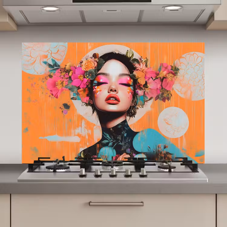 Spatscherm keuken - Portret - Vrouw - Abstract - Bloemen — 1