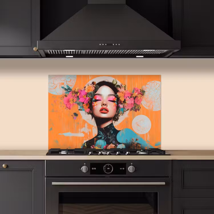 Spatscherm keuken - Portret - Vrouw - Abstract - Bloemen — 2