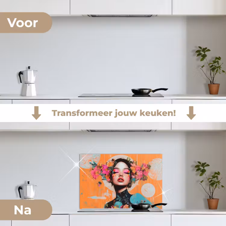 Spatscherm keuken - Portret - Vrouw - Abstract - Bloemen — 3